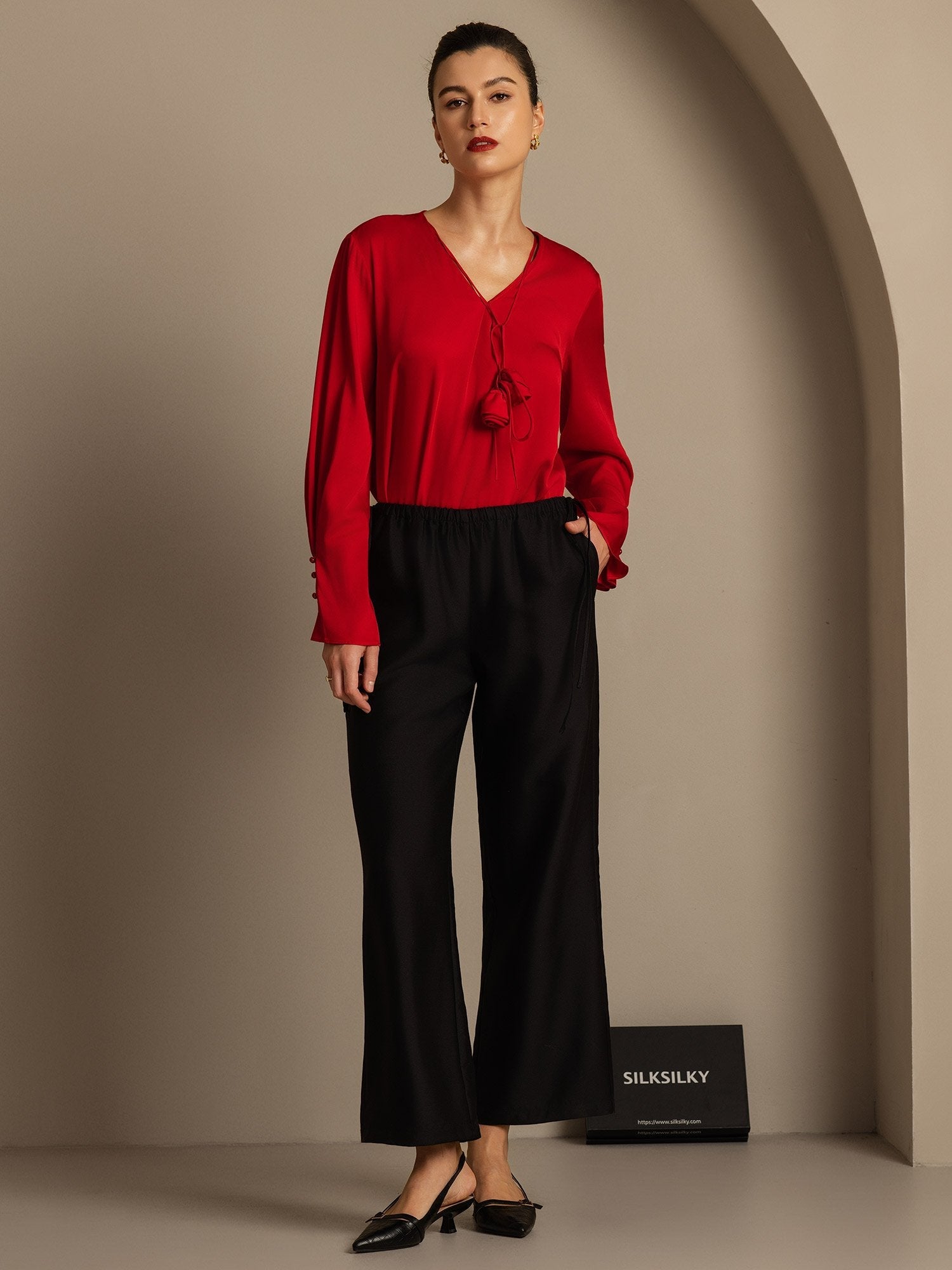 [Black] SilkSilky-CA 32Momme Silk-Wool Blend Womens Pants 007,