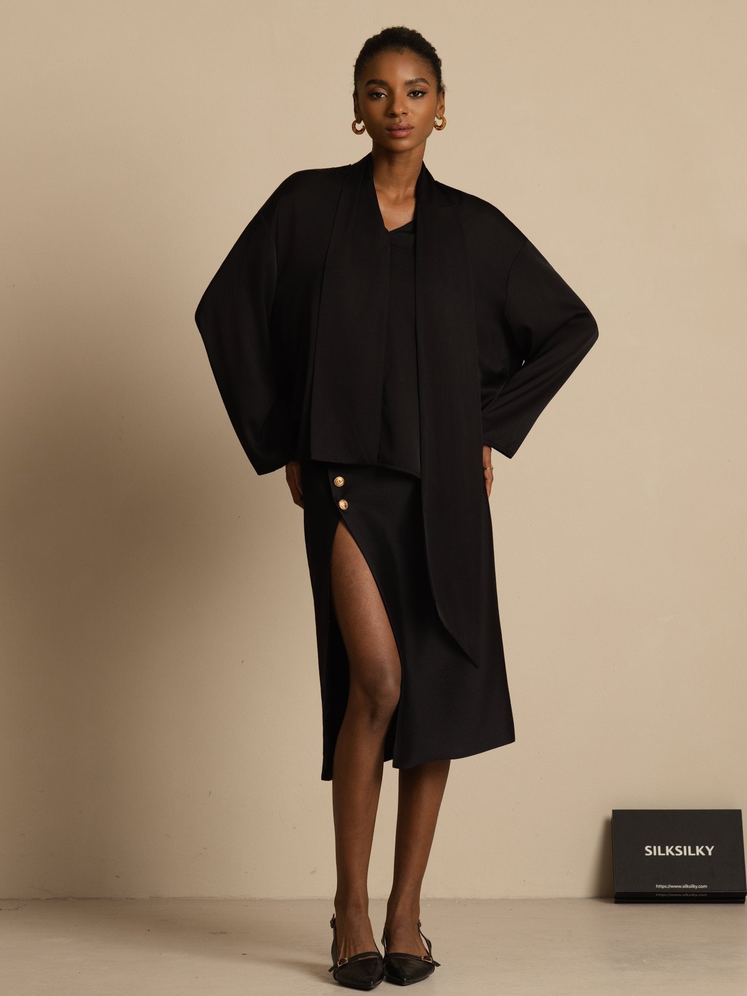 [Black] SilkSilky-CA 19Momme Stretch Silk Double Georgette Long Sleeve V Neck Blouse 007