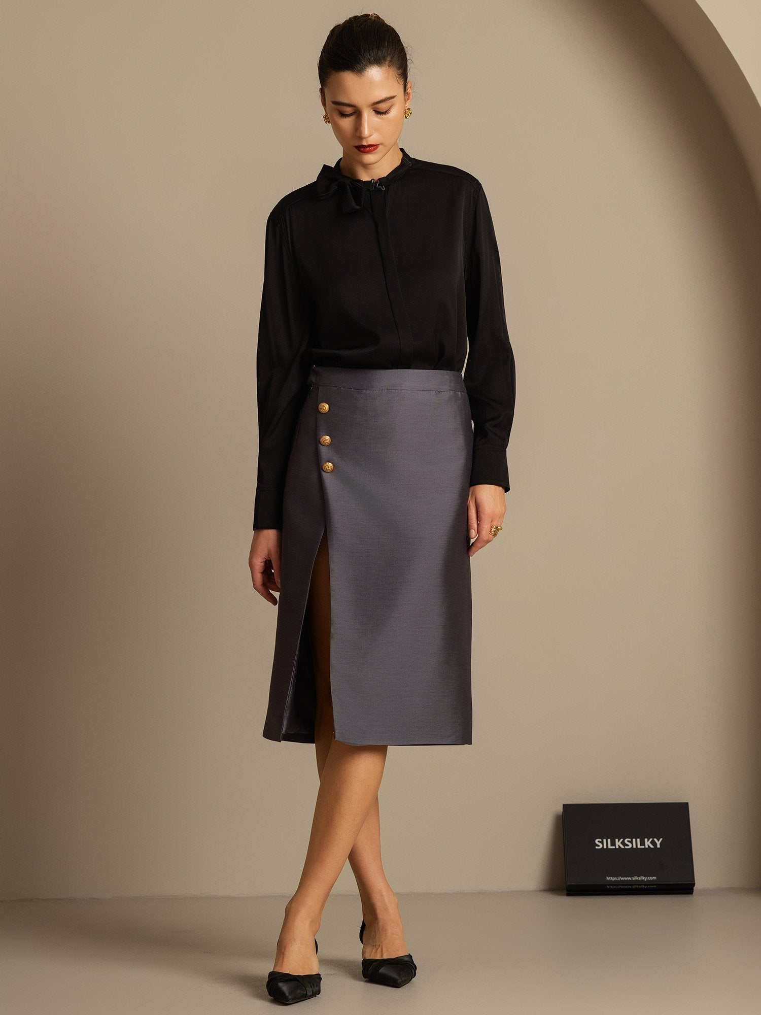 [Gray] SilkSilky-CA 32Momme Silk-Wool Blend Split Skirt 006,