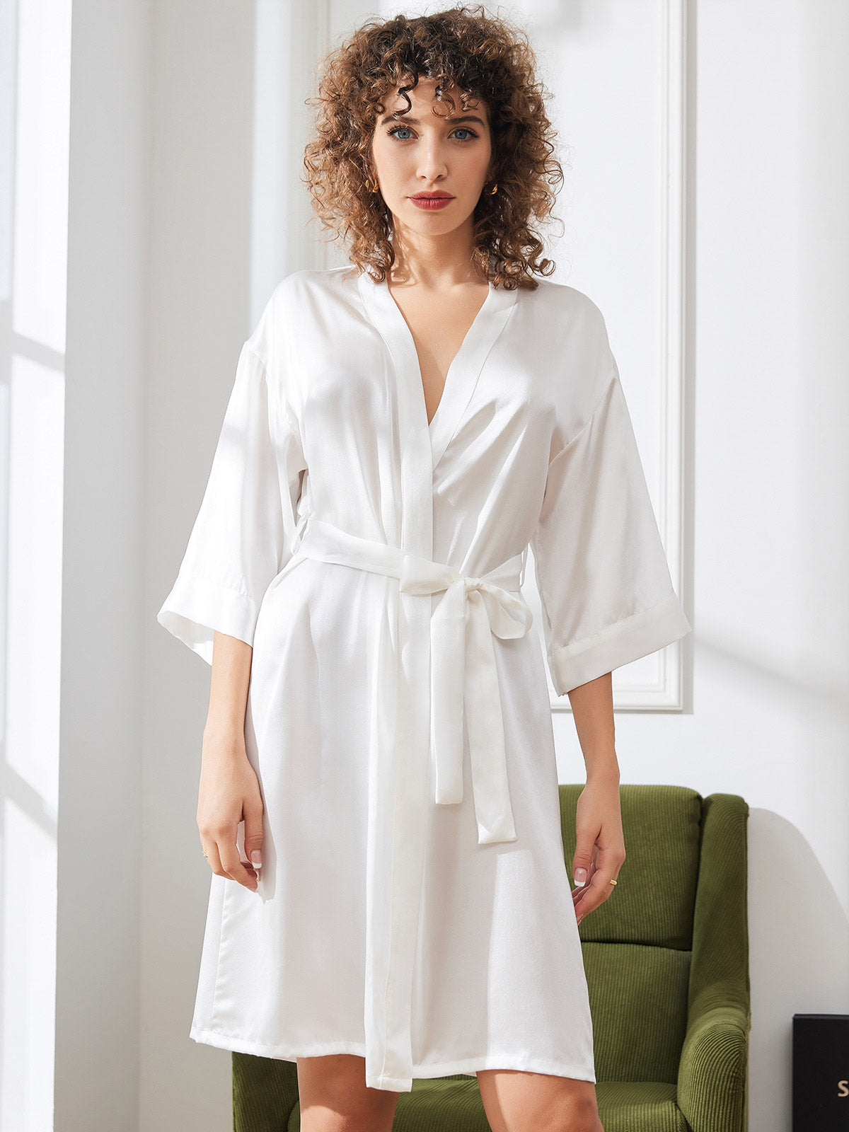 [White] SilkSilky-CA Pure Silk 3/4 Sleeve Wrap Women's Robe 005