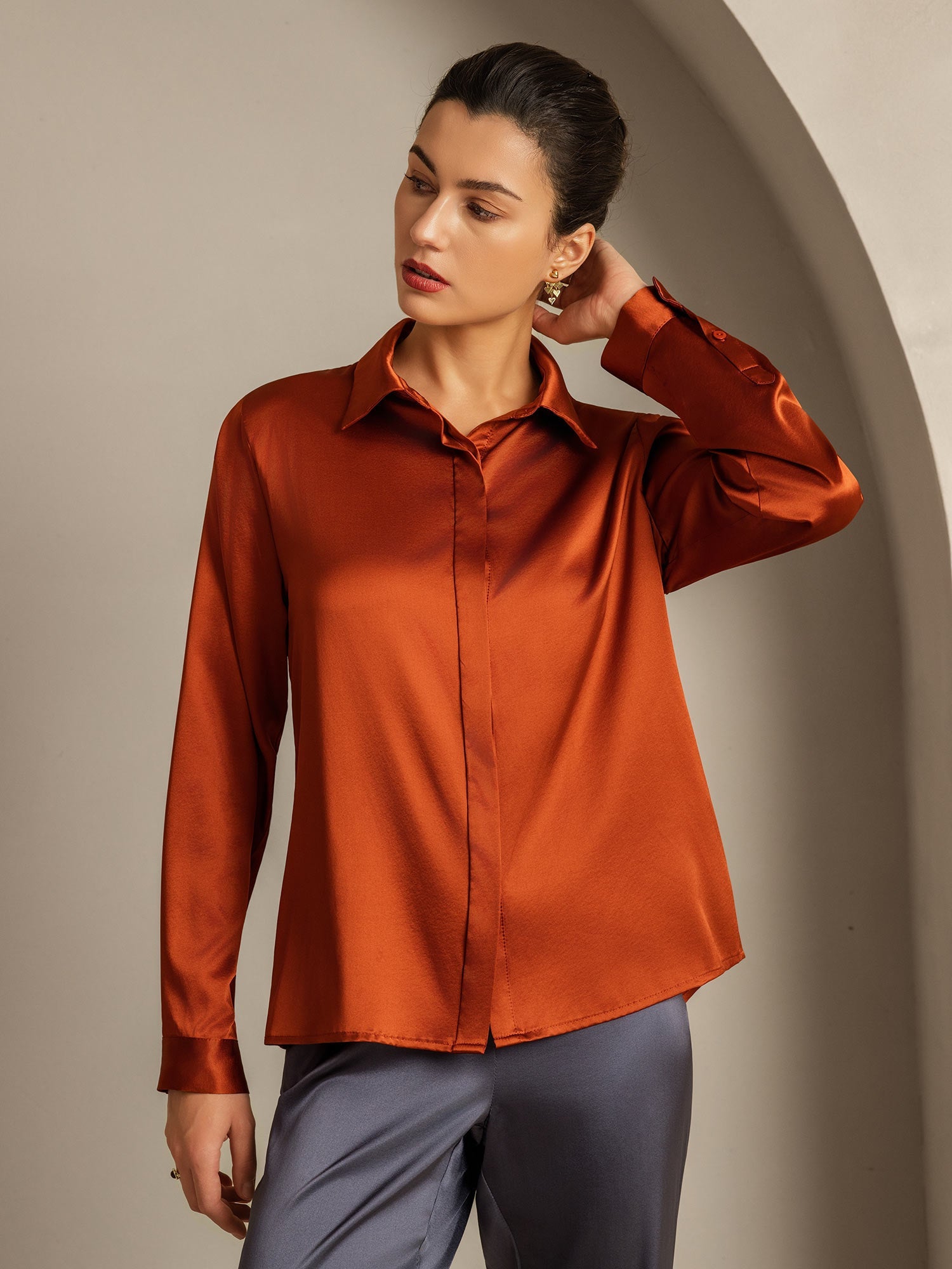 [Caramel] SilkSilky-CA 19Momme Silk Long Sleeve Lapel Collar Women's Shirt 004