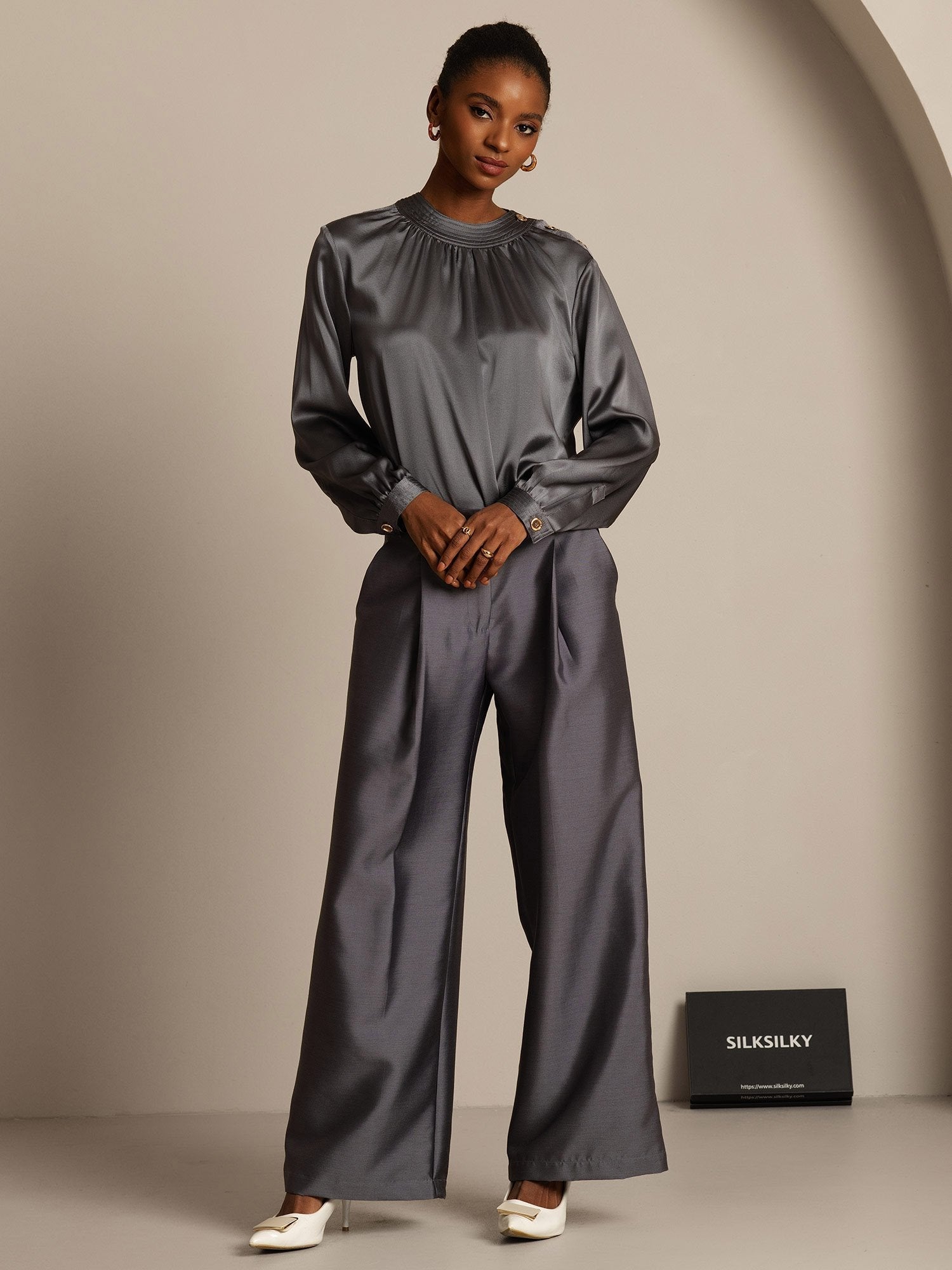 [Gray] SilkSilky-CA 32Momme Silk-Wool Blend Womens Pants 006,