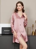 SilkSilky CA Pure Silk Long Sleeve Lapel Nightshirt Pink 002