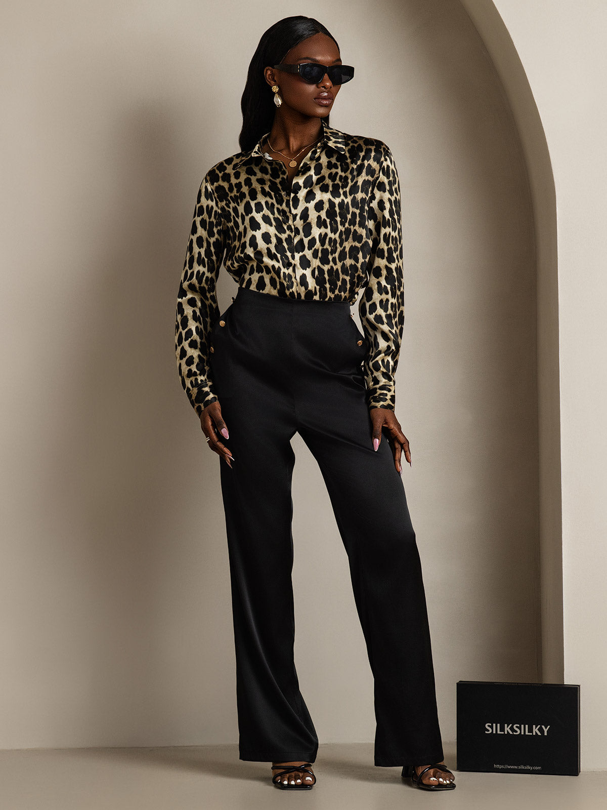 SilkSilky-CA Silk Long Sleeve Collar Women's Shirt Leopard 006