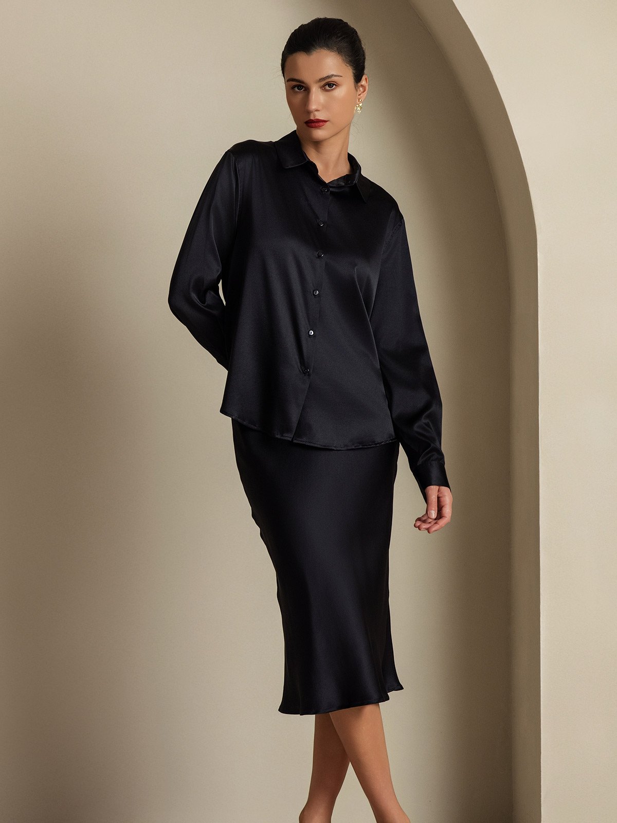 [Black] SilkSilky-CA 19Momme Silk Knitted Lapel Collar Women''s Outfit Sets 005,