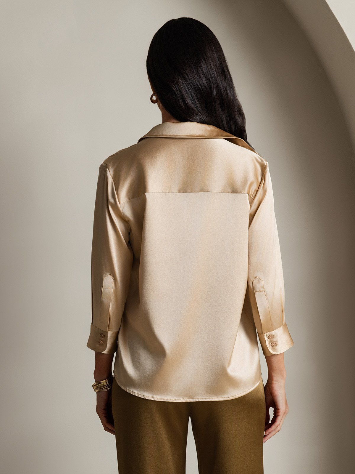 SilkSilky-CA 19Momme Silk Long Sleeve Lapel Women's Shirt Champagne 002