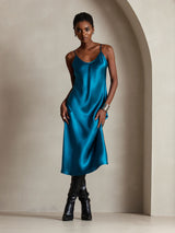 [Teal] SilkSilky-CA Spaghetti Strap V Neck Dress 006
