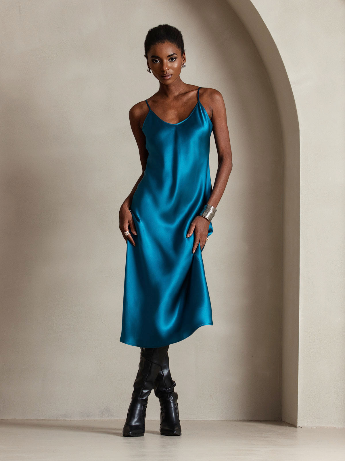 [Teal] SilkSilky-CA Pure Silk Round Neck Dress 006