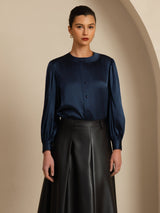 [Dark Blue] SilkSilky-CA 19Momme Long Sleeve Round Neck Blouse 001