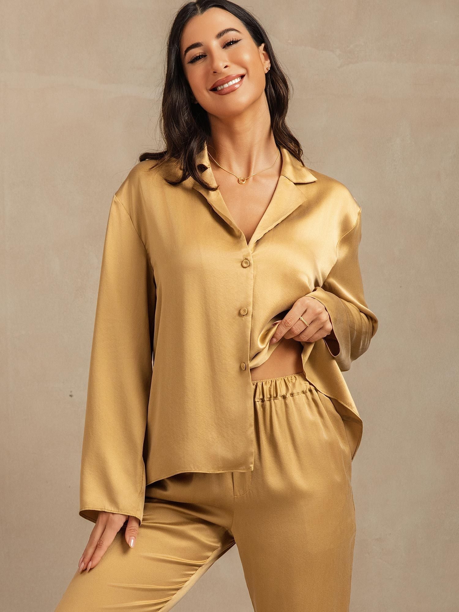 [Tan] SilkSilky-CA 19Momme Machine-Washable Silk Long Sleeve Notch Collar Women's Pajamas 007