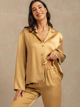 [Tan] SilkSilky-CA 19Momme Machine-Washable Silk Long Sleeve Notch Collar Women's Pajamas 007