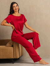 [Wine] SilkSilky-CA 19Momme Machine-Washable Silk Short Sleeve Women's Pajamas 007