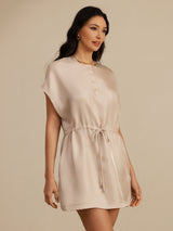 [Tan] SilkSilky-CA 18Momme Silk Satin Surah Cap Sleeve Henley Neck Dress 003