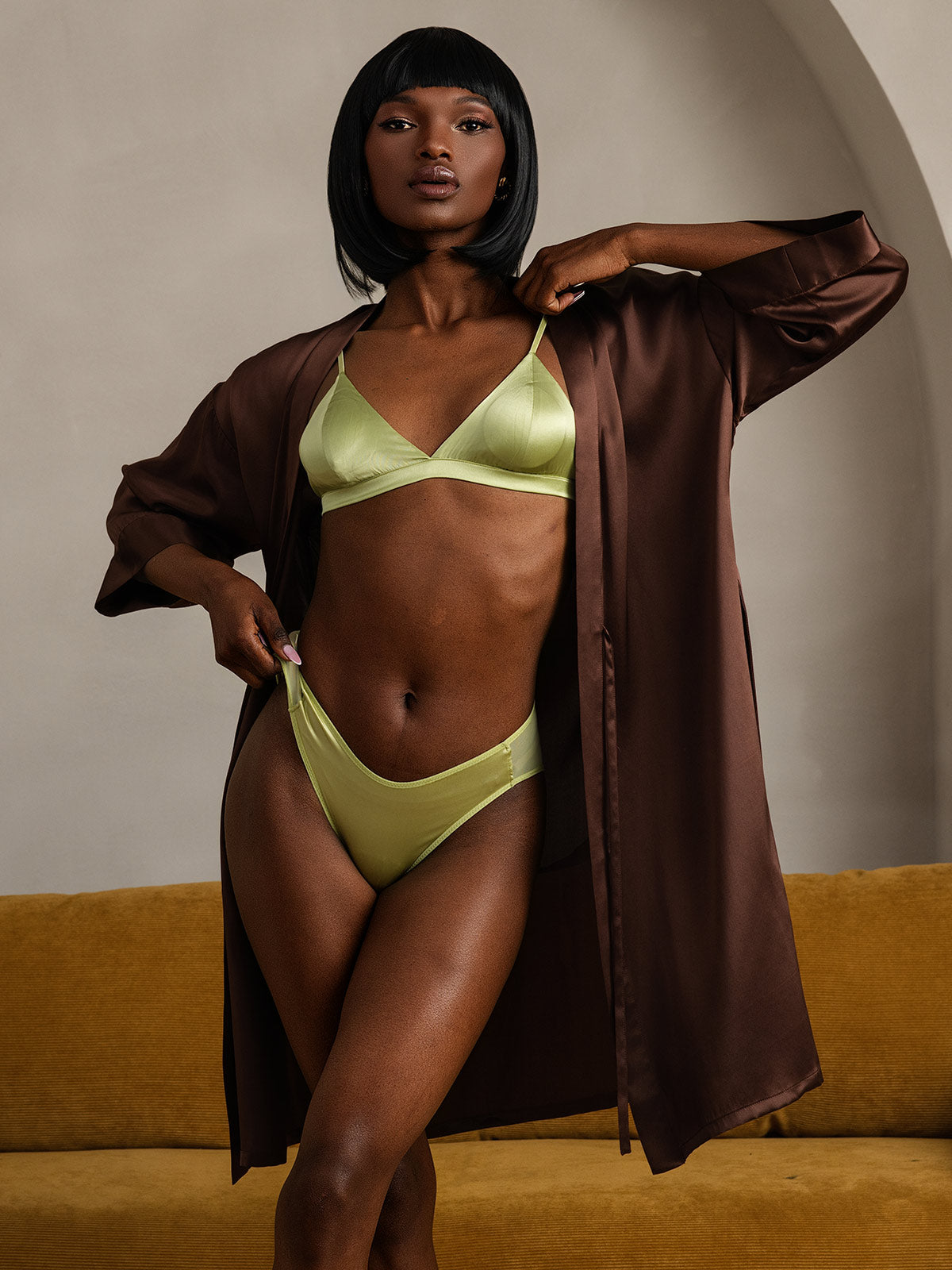 [Coffee] SilkSilky-CA Pure Silk Half Sleeve Womens Robe 003