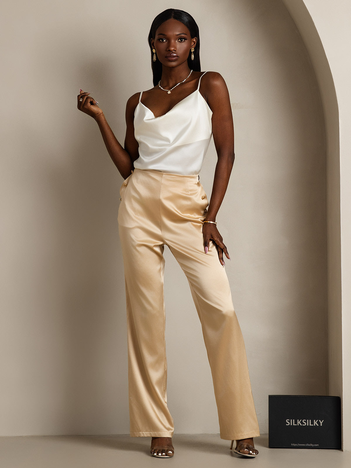 [White] SilkSilky-CA 19Momme Silk Cowl Neck Camisole 007