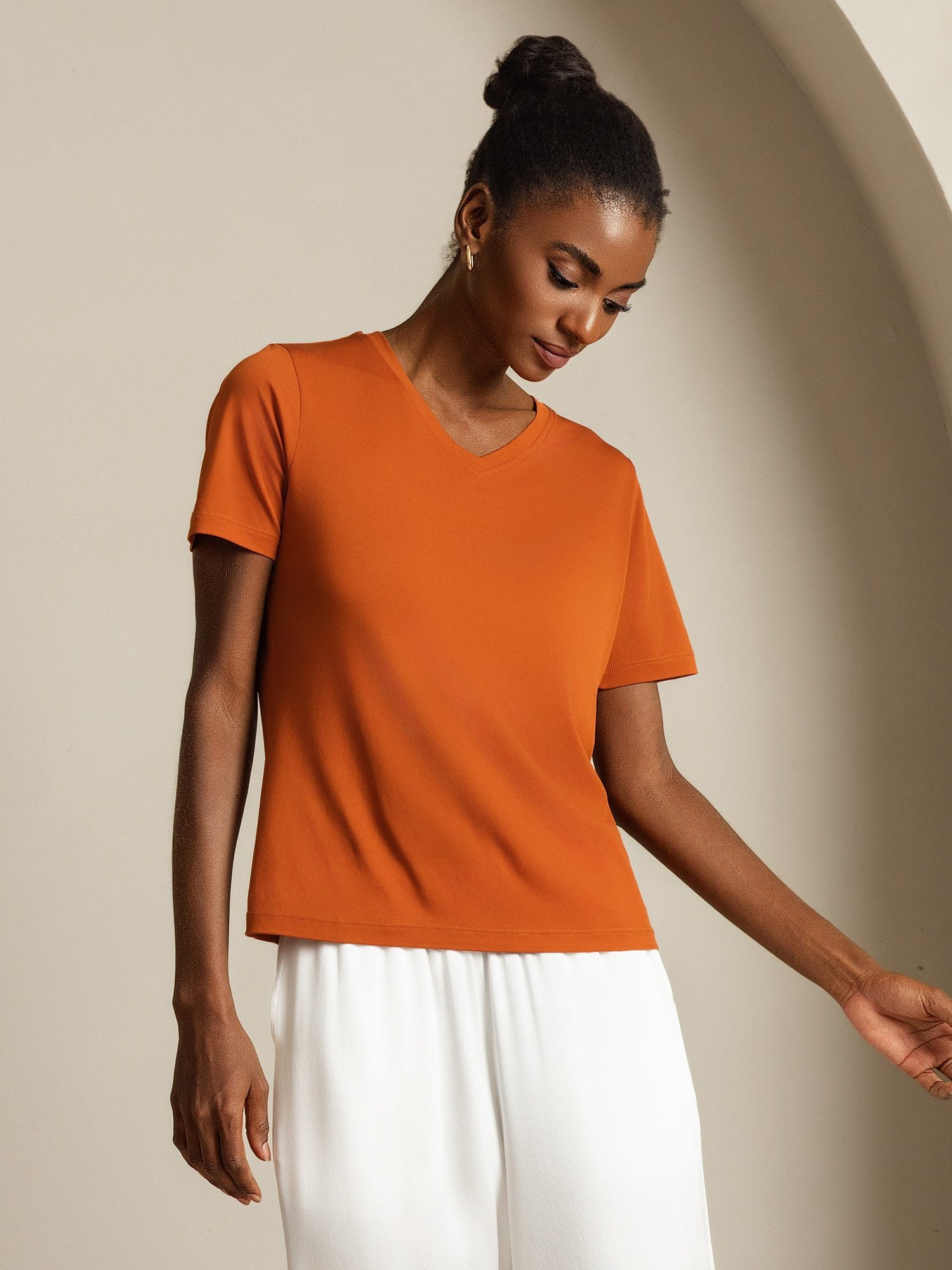 [Orange] SilkSilky-CA Pure Silk V Neck Women's T-Shirt 003