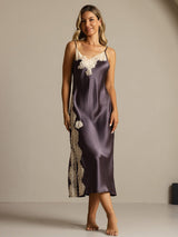[Purple Gray] SilkSilky-CA Spaghetti Strap V Neck Nightgown 003