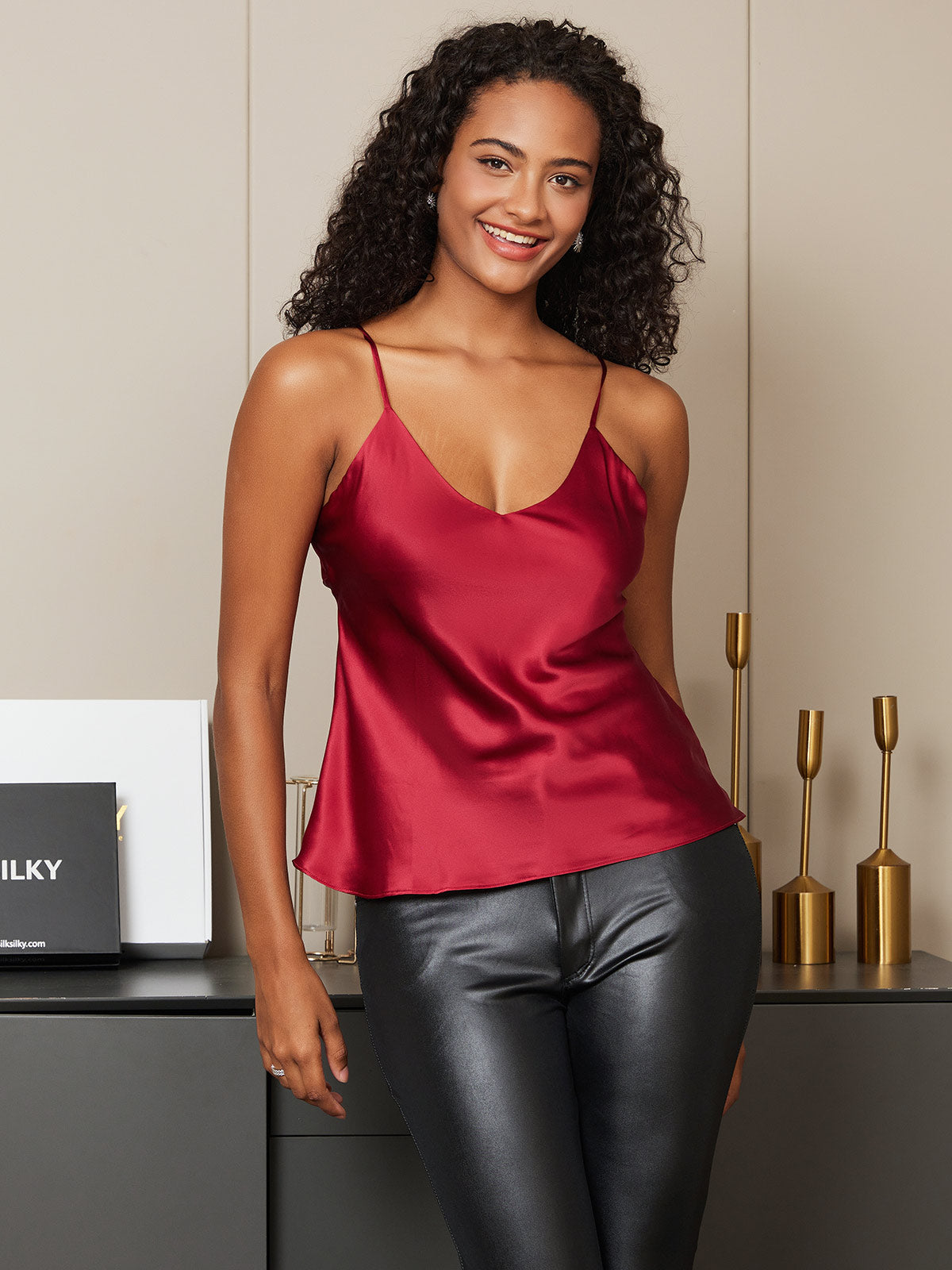 [Dark Red] SilkSilky-CA Pure Silk Sleeveless V Neck Camisole 005