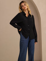 [Black] SilkSilky-CA Long Sleeve Lapel Collar Women's Shirt 004