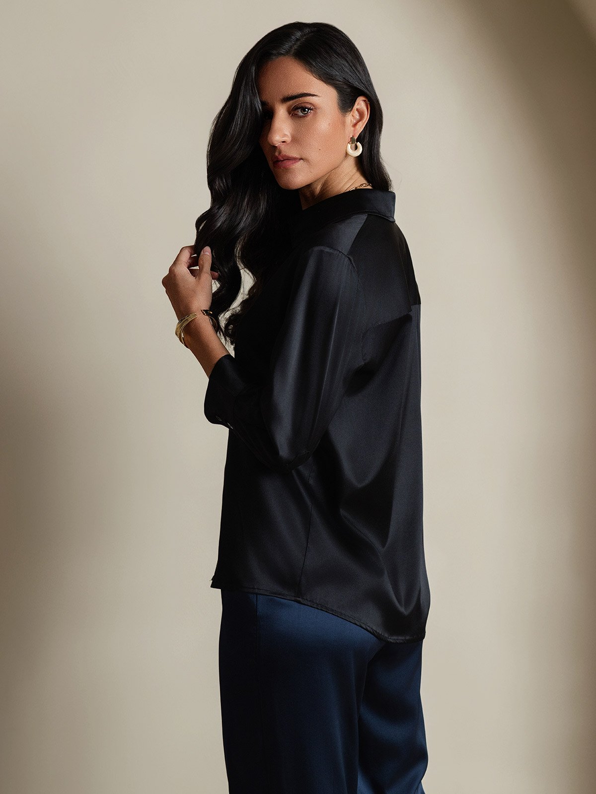 SilkSilky-CA 19Momme Silk Long Sleeve Lapel Women's Shirt Black 002