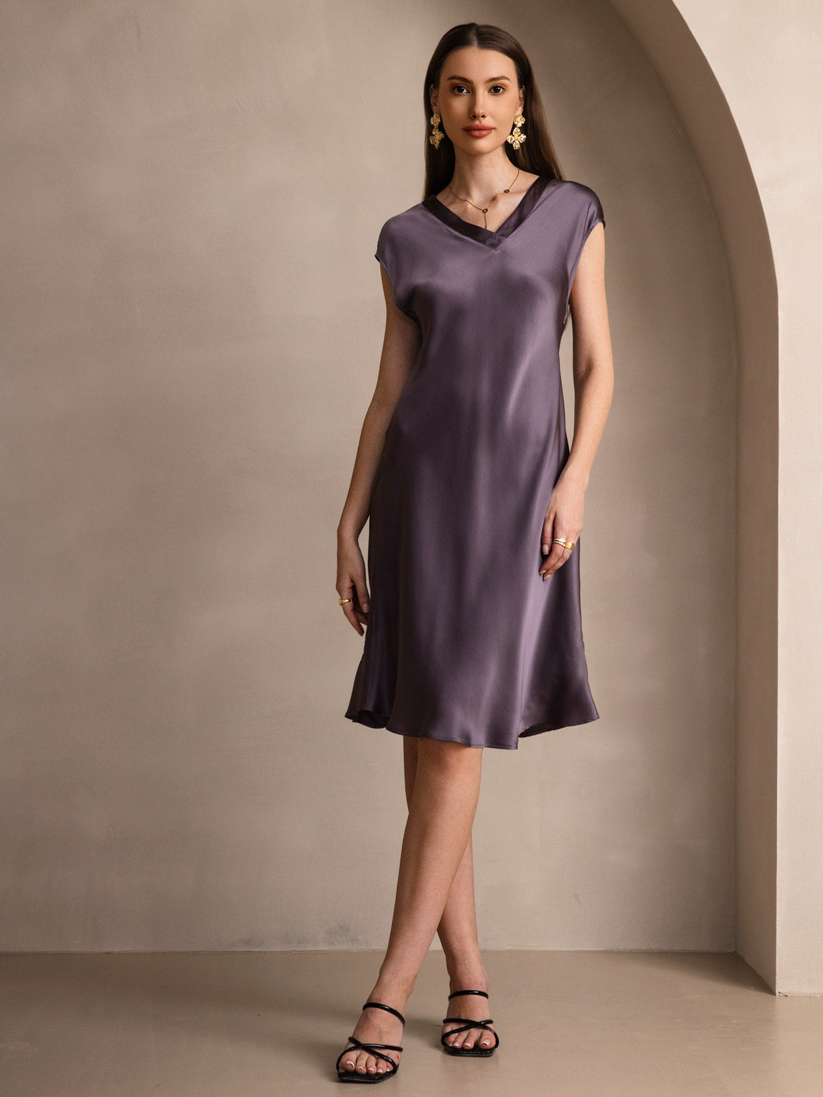 SilkSilky-CA Pure Silk Sleeveless V Neck Nightgown PurpleGray 003