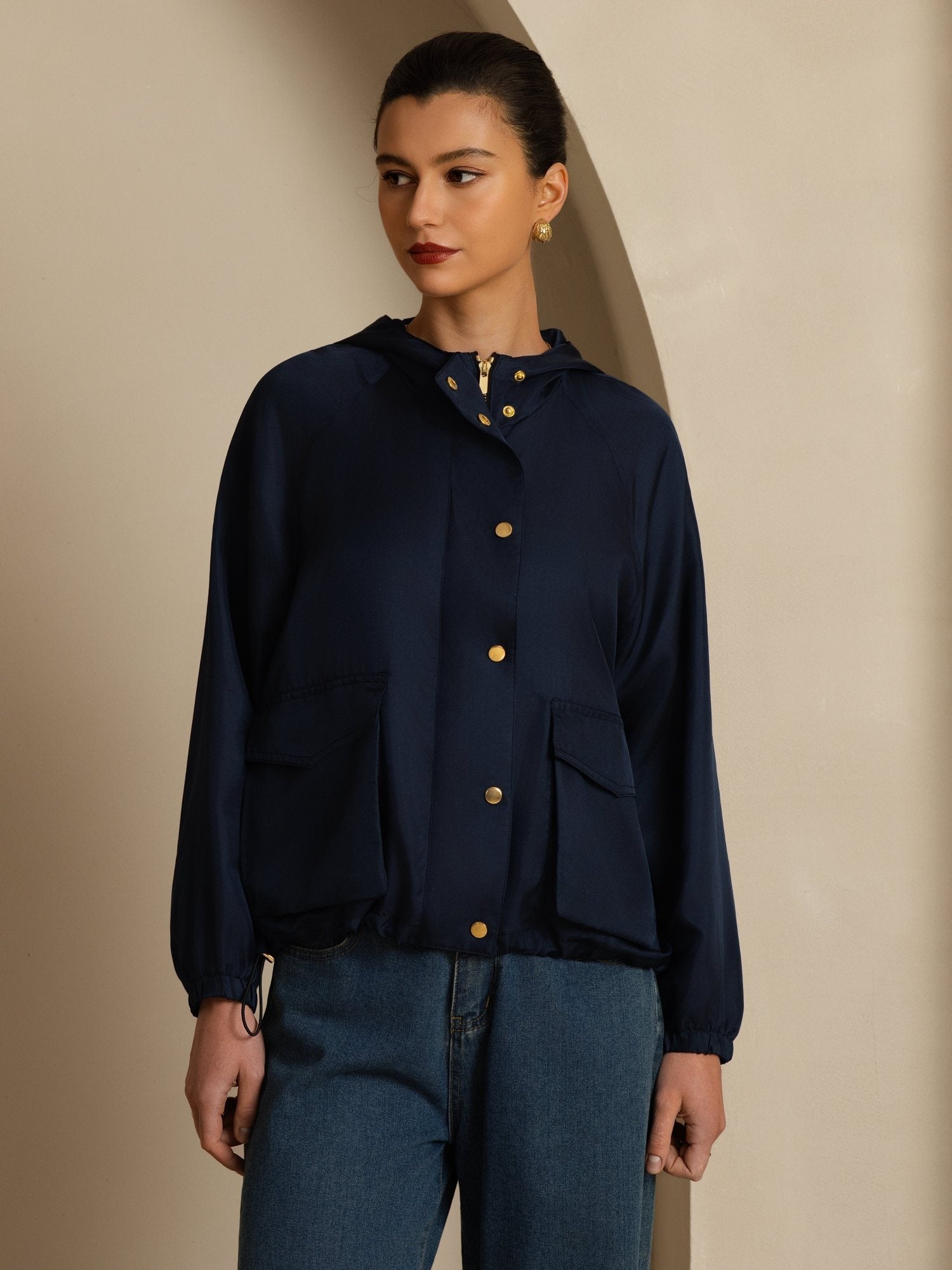 [DarkBlue] SilkSilky-CA Silk Satin Surah Long Sleeve High Neck Women's Outerwear 003