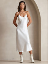 [White] SilkSilky-CA Spaghetti Strap V Neck Dress 003