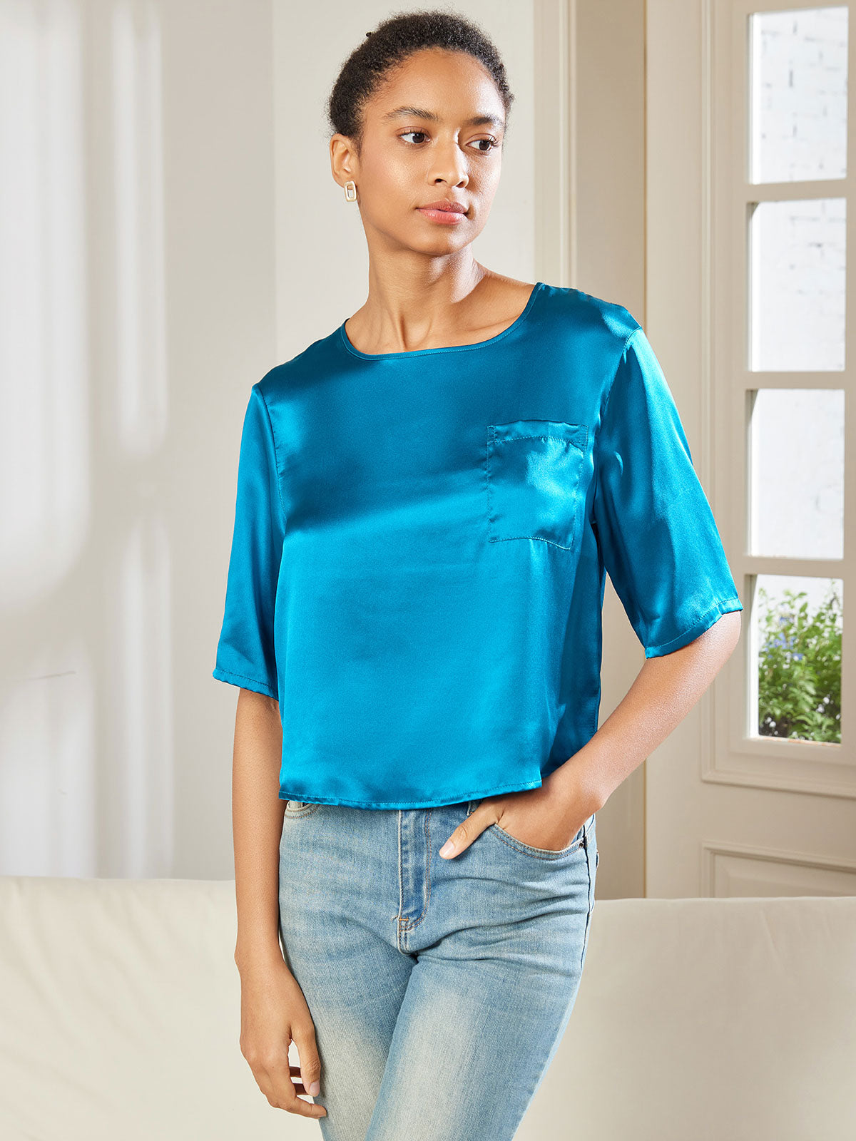 SilkSilky CA Pure Silk Half Sleeve Boat Neck Women's T Shirt Teal 004