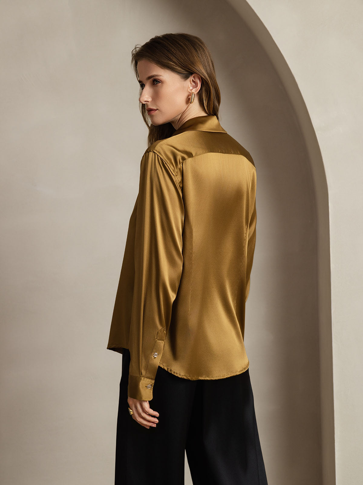 [Bronze] SilkSilky-CA Silk Long Sleeve Lapel Collar Women's Shirt 002
