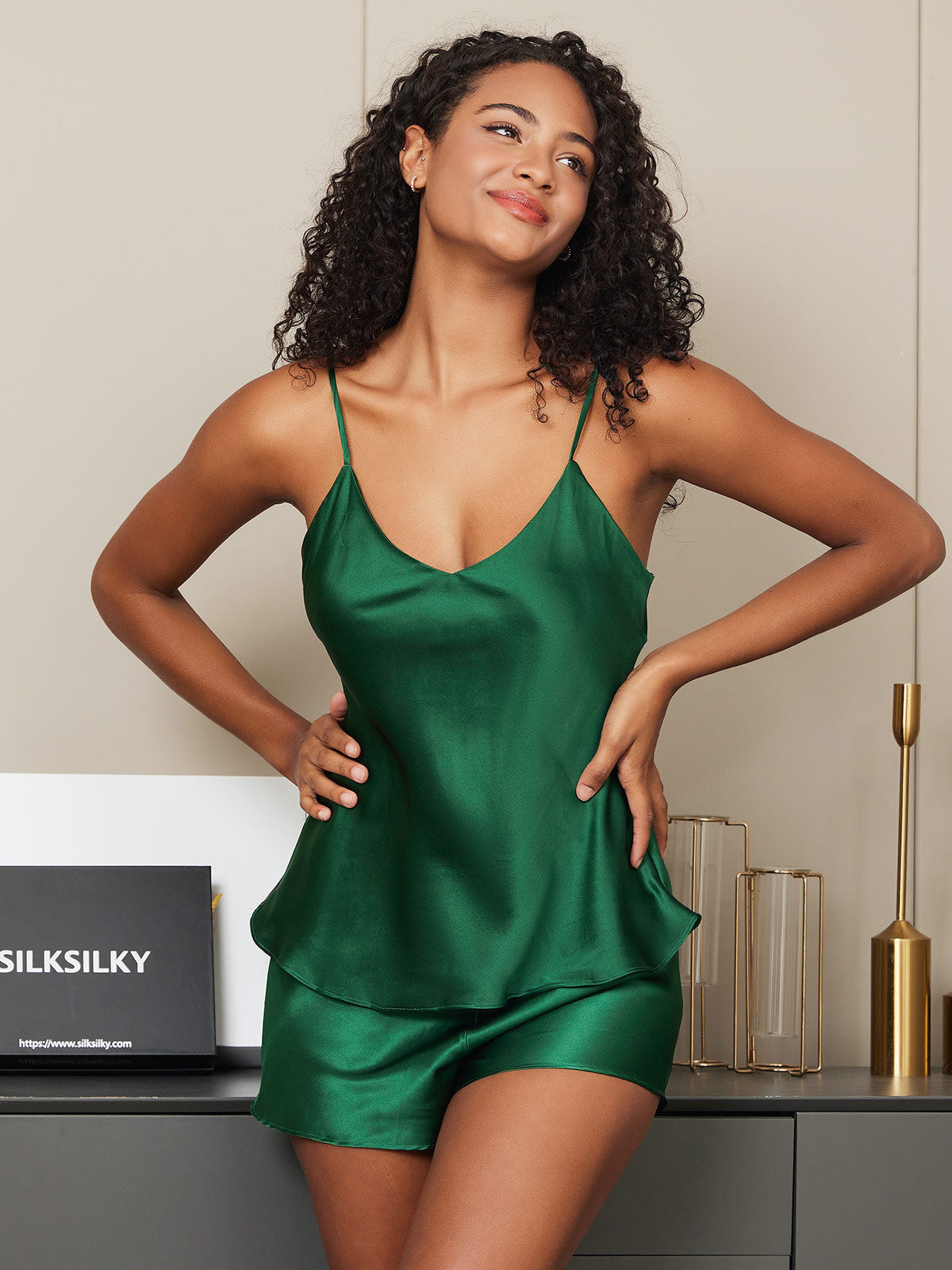 [Green] SilkSilky-CA Pure Silk V Neck Camisole Set 003