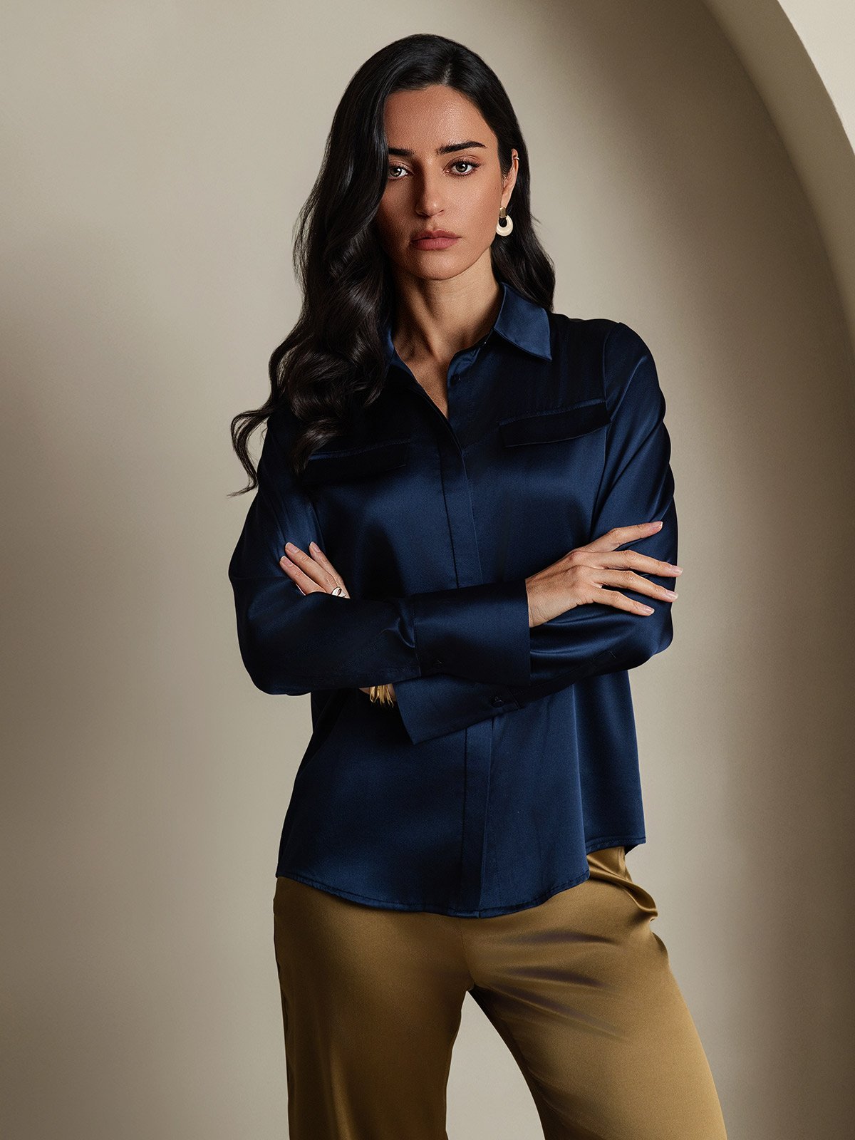 SilkSilky-CA 19Momme Silk Long Sleeve Collar Women's Shirt DarkBlue 005