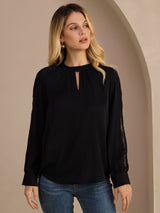 [Black] SilkSilky-CA Long Sleeve Keyhole Neck Women's Blouse 003