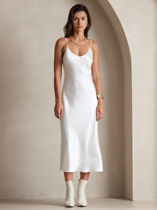 SilkSilky-CA Pure Silk Sleeveless Round Neck Dress White 001