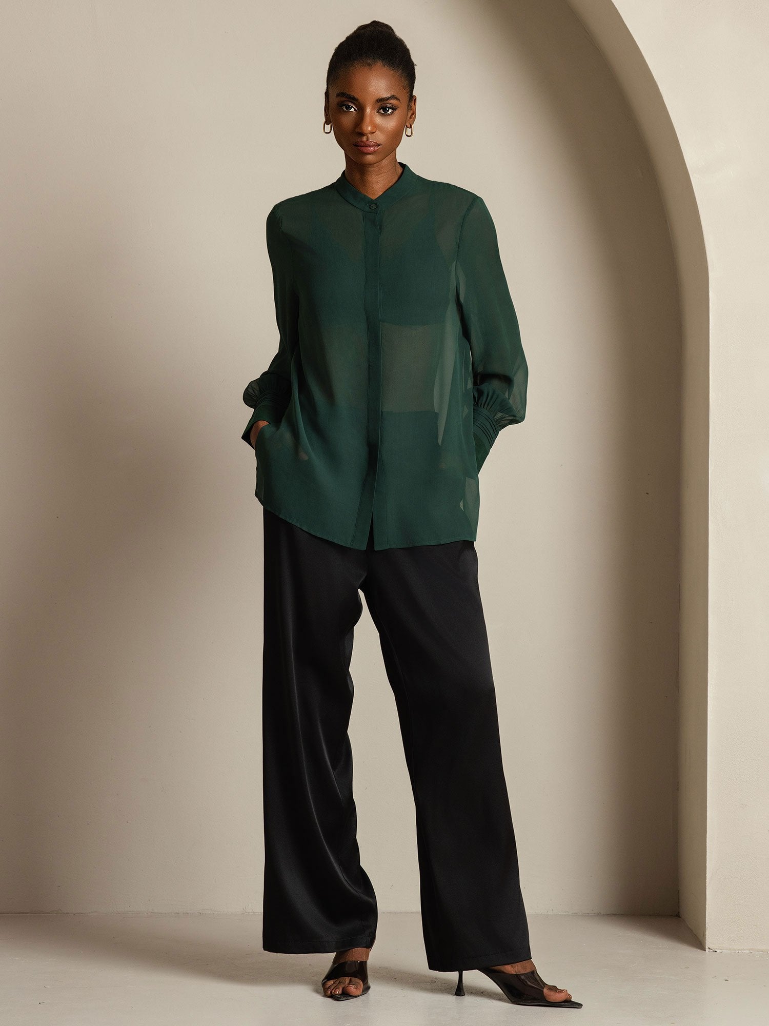 [Dark Green] SilkSilky-CA Pure Silk Split Women's Shirt 009