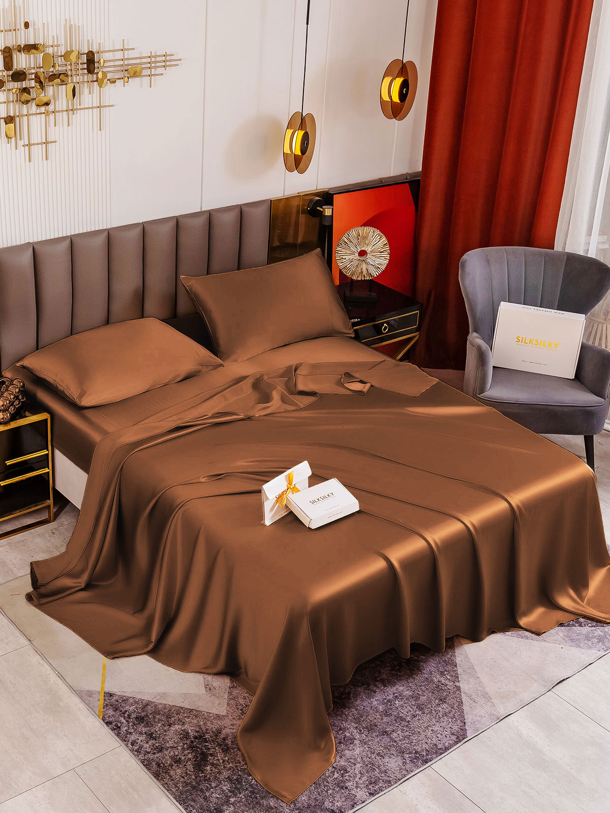 [Coffee] SilkSilky-CA 19Momme Pure Silk Bedding Set 001
