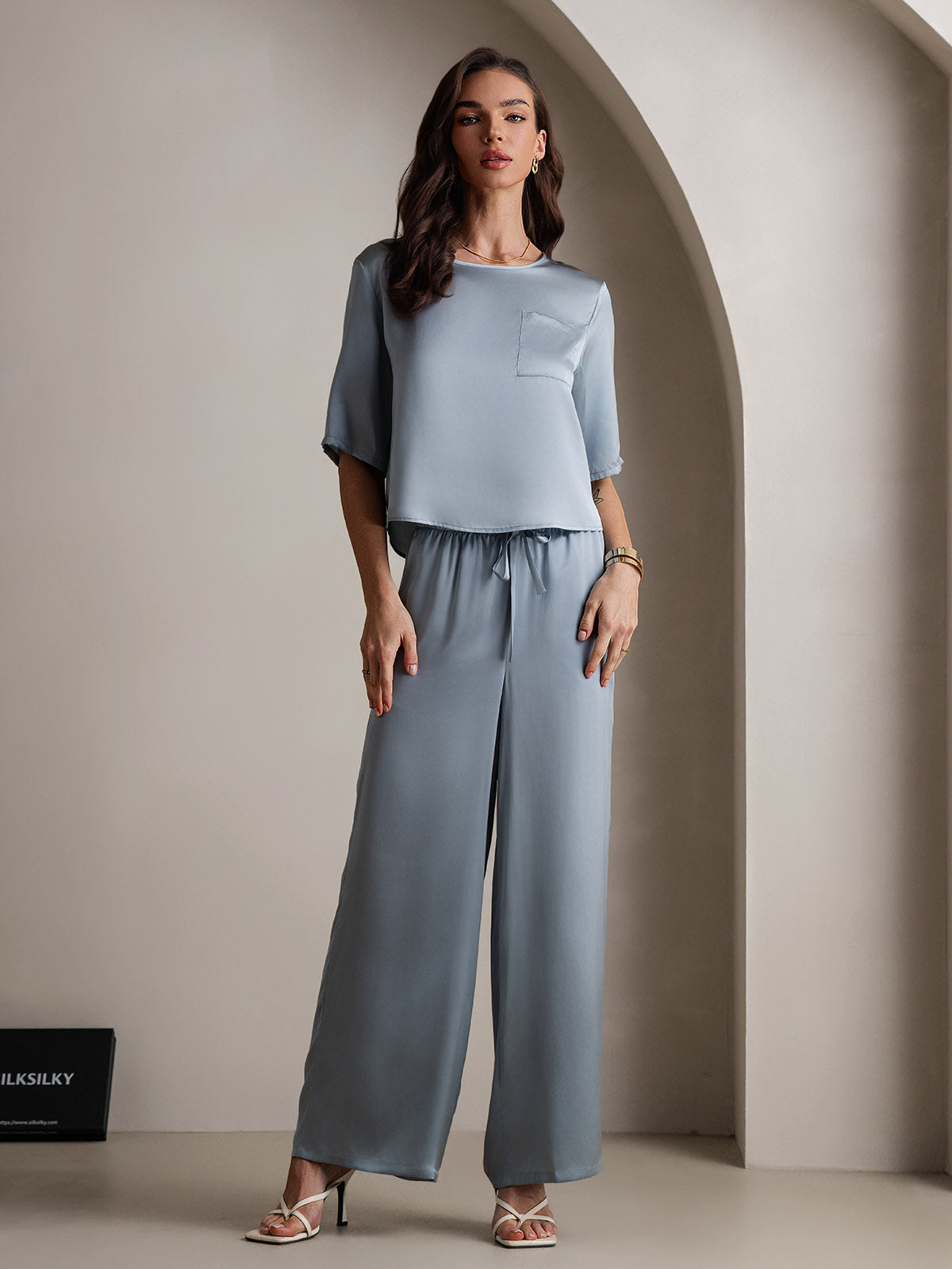[Grayish Blue] SilkSilky-CA Pure Silk Round Neck Women's Pajamas 003