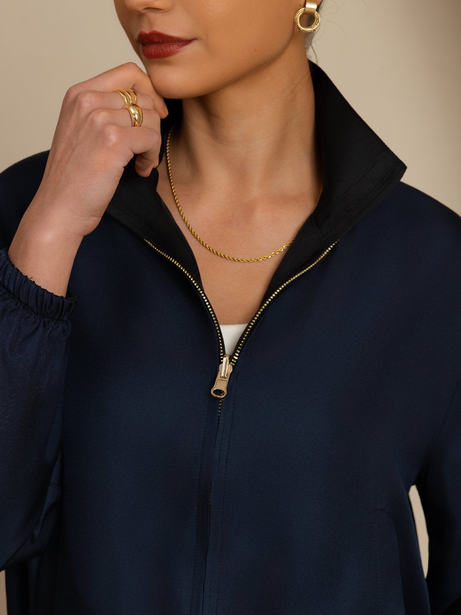 [Black+DarkBlue] SilkSilky-CA 18Momme Silk Satin Surah Long Sleeve Stand Collar Women's Outerwear 006