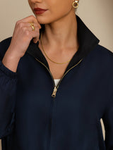 [Black+DarkBlue] SilkSilky-CA 18Momme Silk Satin Surah Long Sleeve Stand Collar Women's Outerwear 006