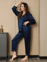 [Dark Blue] SilkSilky-CA Long Sleeve Lapel Collar Women's Pajamas 006