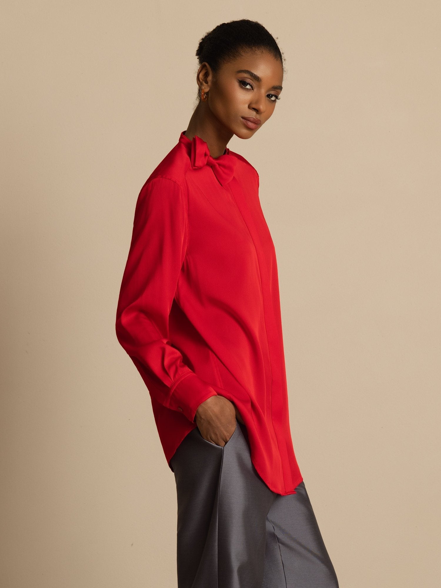 [Wine] SilkSilky-CA 19Momme Stretch Silk Double Georgette Long Sleeve Collar Blouse 006