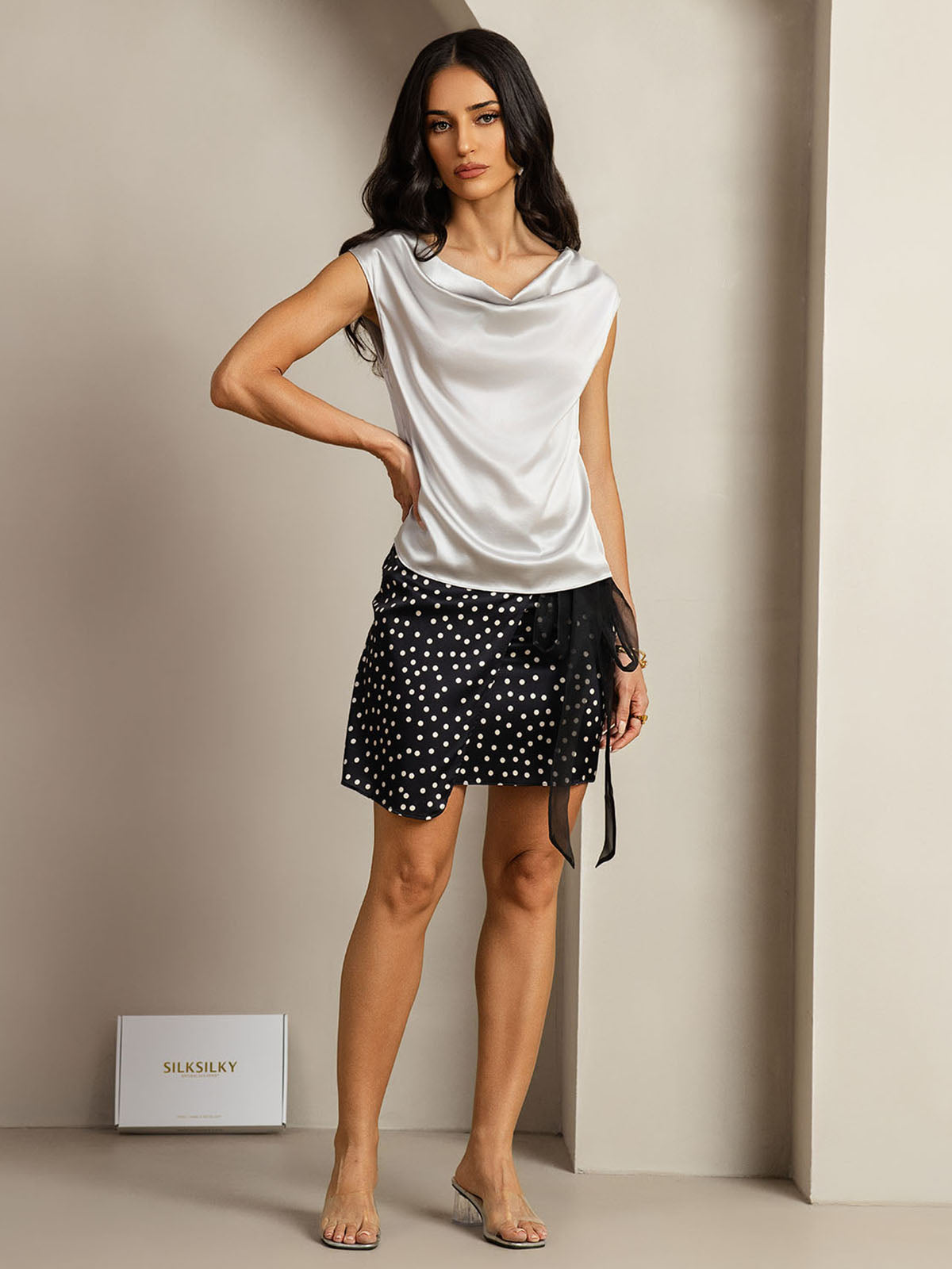 [Silver] SilkSilky-CA 19Momme Silk Cap Sleeve Cowl Neck Women's T-Shirt 003