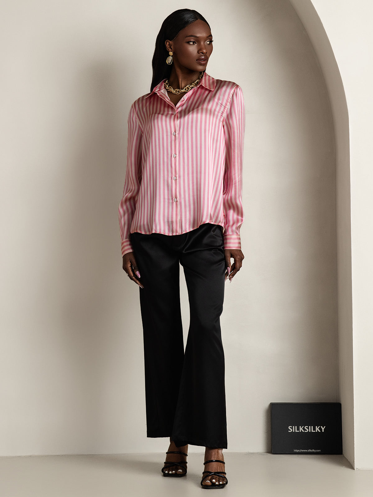[Pink Stripe] SilkSilky-CA Silk Long Sleeve Lapel Collar Women's Shirt 008
