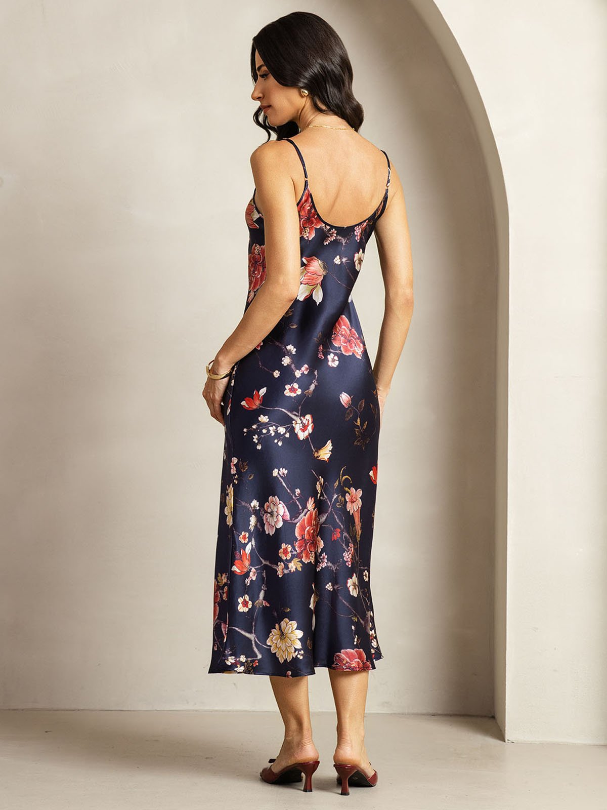 [Navy Floral] SilkSilky-CA 19Momme Silk V Neck Dress 002
