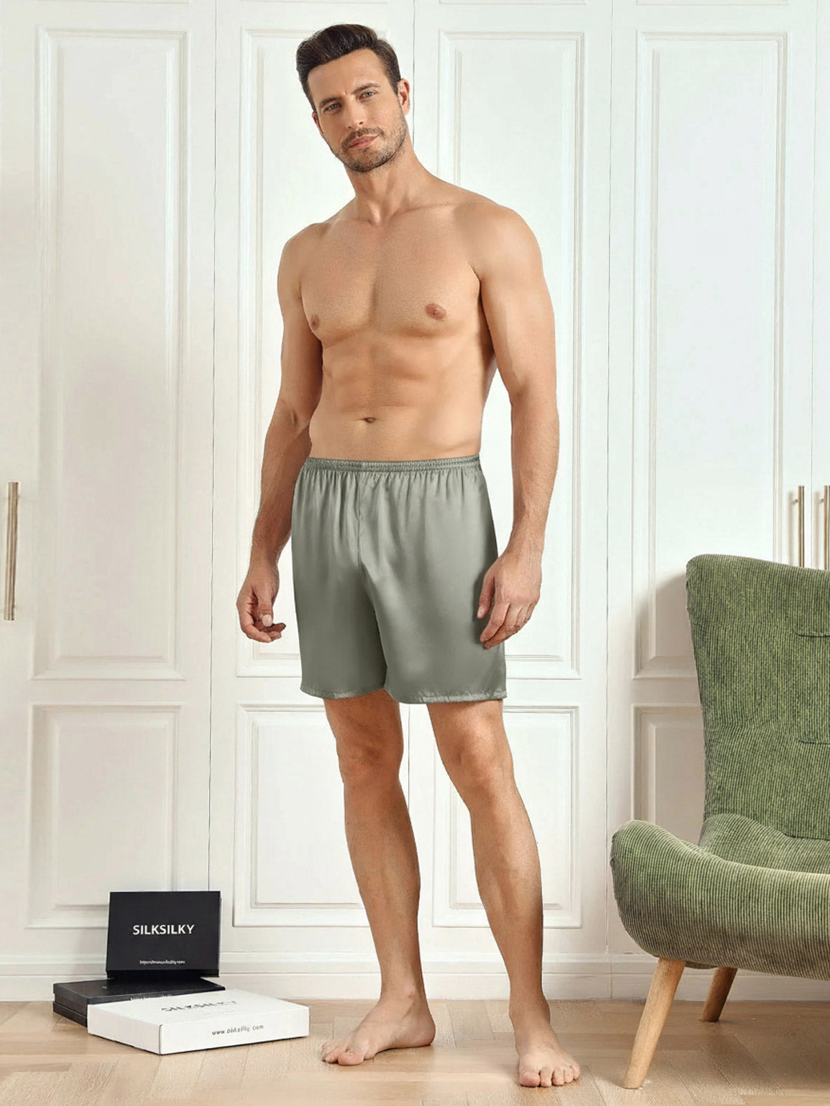 [Grayish Green] SilkSilky-CA Pure Silk Mens Sleep Bottoms 005
