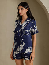 [Navy Cheetah] SilkSilky-CA Short Sleeve Notch Collar Women's Pajamas 003