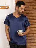 SilkSilky CA Pure Silk Short Sleeve V Neck Men's T Shirt DarkBlue 006