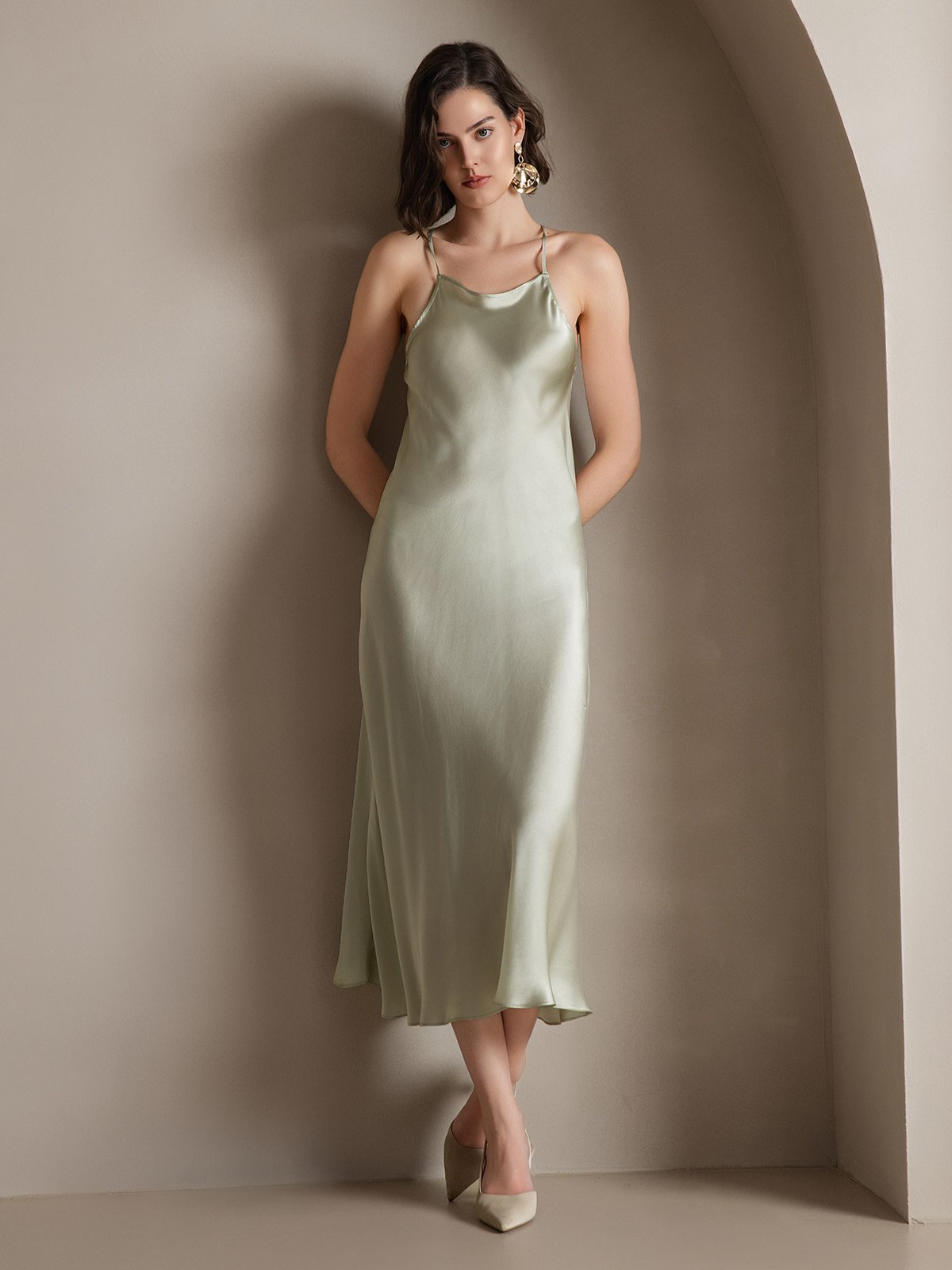 SilkSilky CA 19Momme Silk Sleeveless Dress LightGreen 001