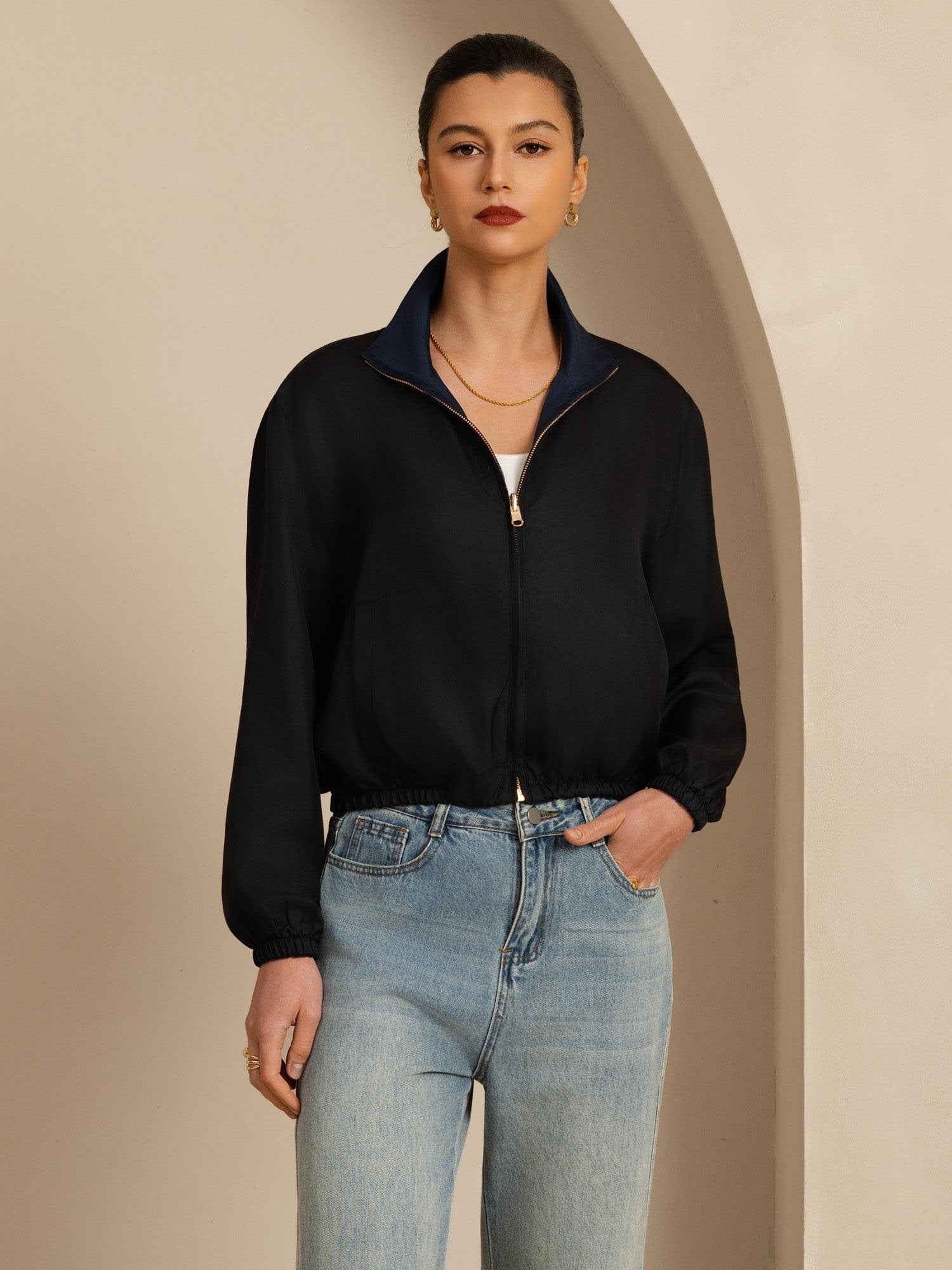 [Black+DarkBlue] SilkSilky-CA 18Momme Silk Satin Surah Long Sleeve Stand Collar Women's Outerwear 005