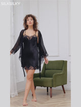 SilkSilky-CA Pure Silk 3/4 Sleeve Nightgown&Robe Set-video-001