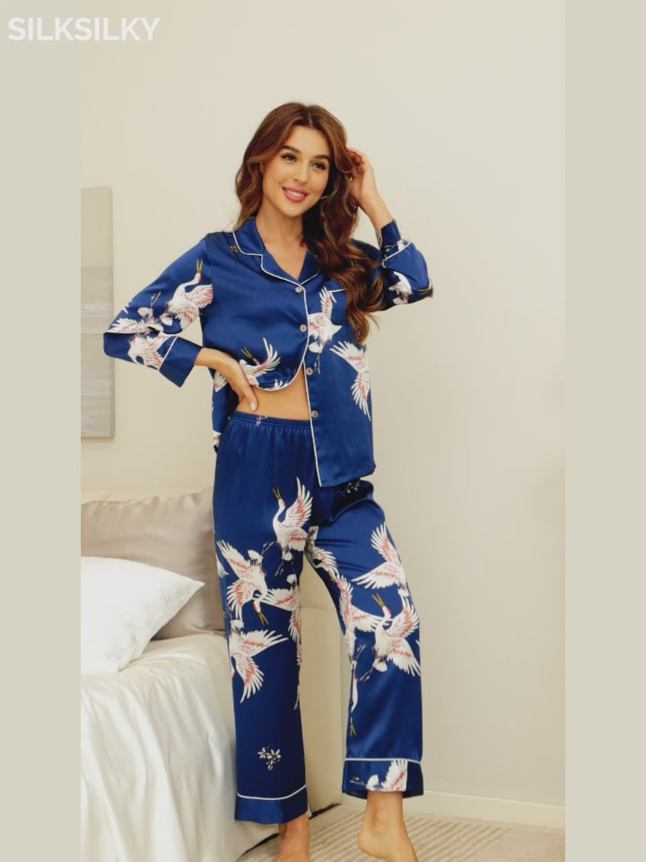 SilkSilky-CA 19Momme Pure Silk Long Sleeve Lapel Women's Pajamas video 001